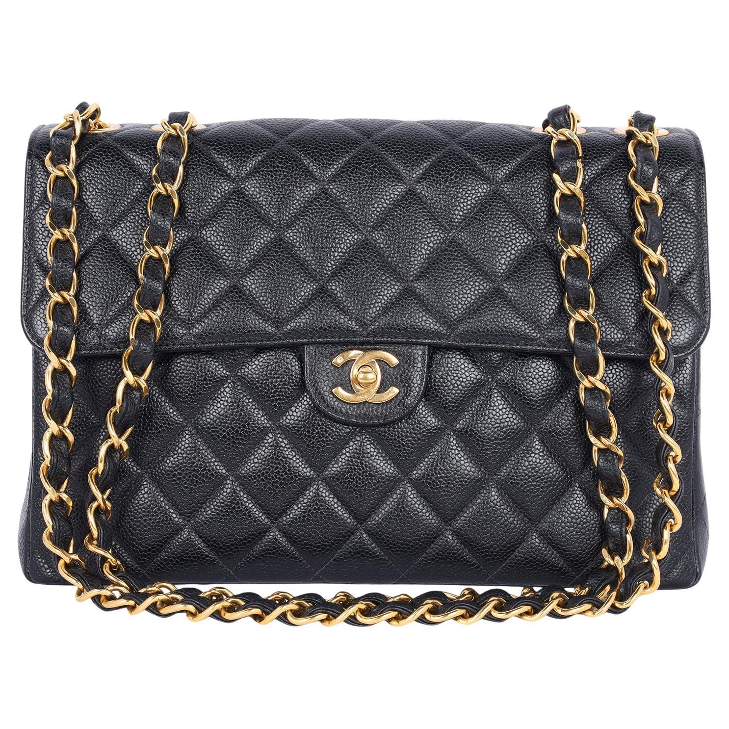 Chanel CC Quilted Jumbo Classic Caviar Leather Flap Bag For Sale