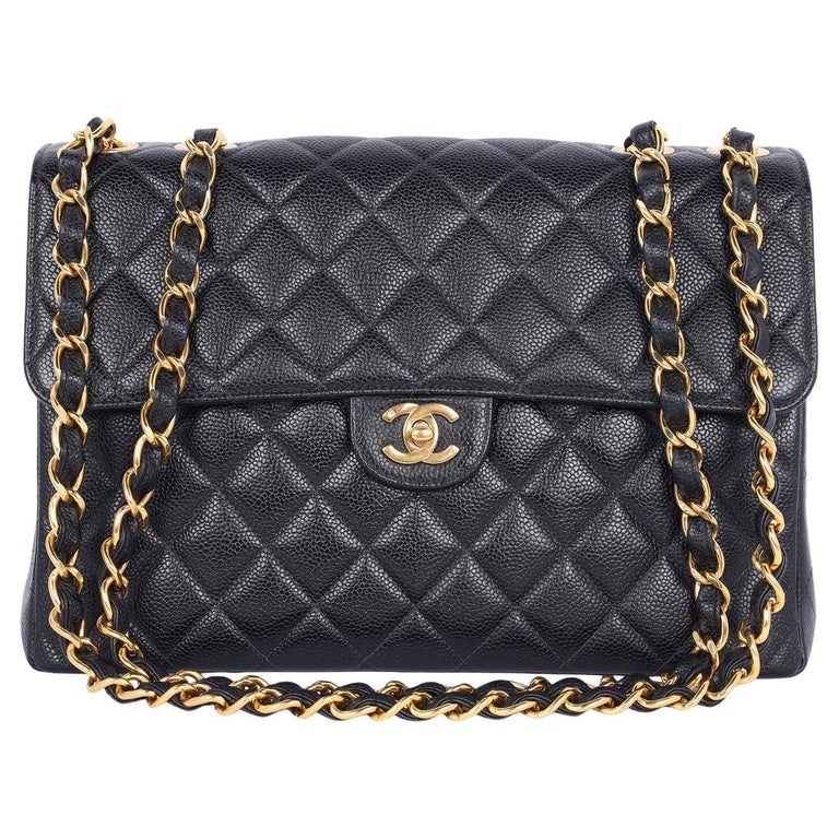Chanel CC Quilted Jumbo Classic Caviar Leather Flap Bag Black For