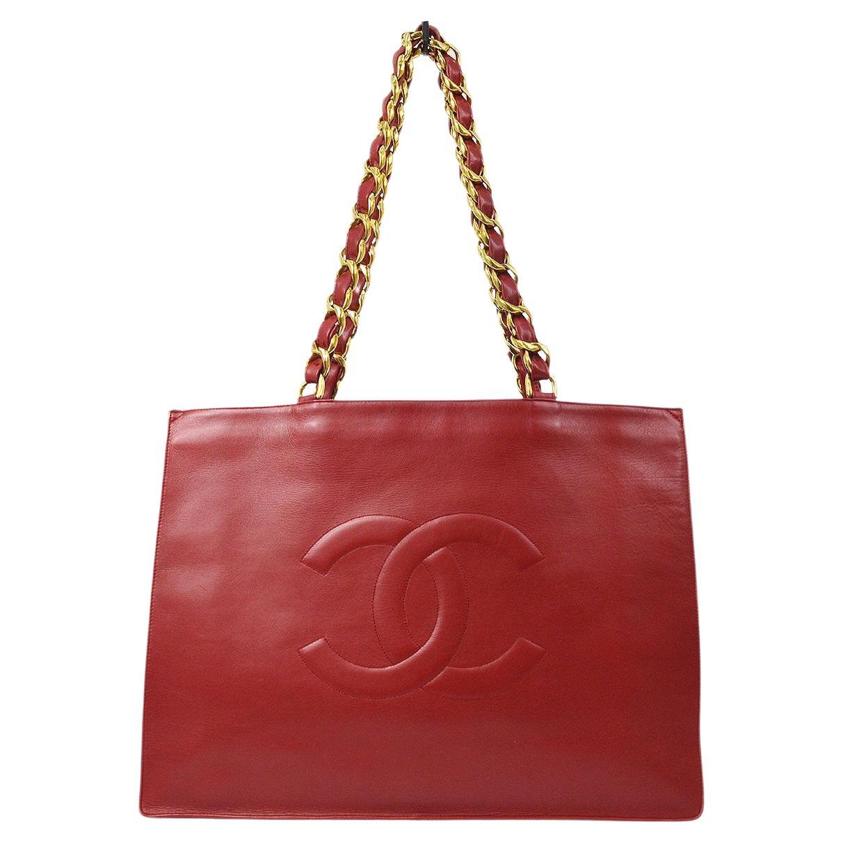 CHANEL CC Red Large Lambskin Leather Hardware Carryall Shopper Shoulder Tote Bag