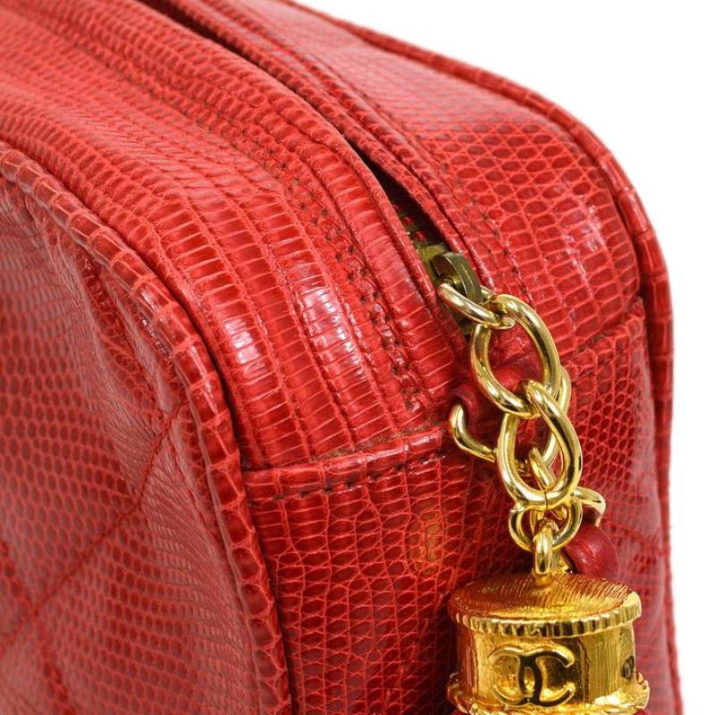 Rosso CHANEL CC Red Lizard Exotic Gold Small Evening Shoulder Camera Shoulder Bag in vendita