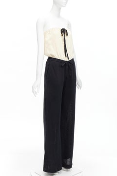 CHANEL CC resin button black beige linen strapless wide leg jumpsuit FR40 L