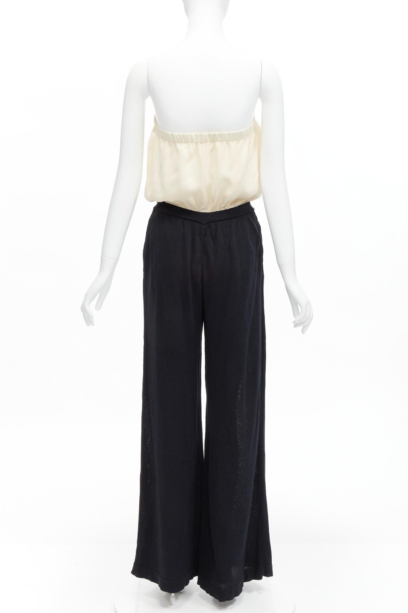 Black CHANEL CC resin button black beige linen strapless wide leg jumpsuit FR40 L