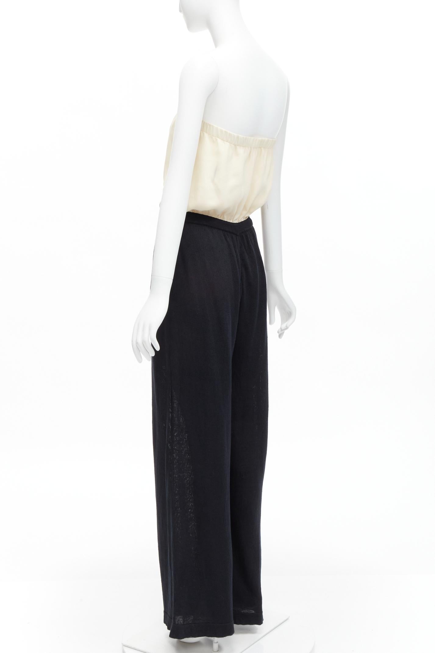 Women's CHANEL CC resin button black beige linen strapless wide leg jumpsuit FR40 L
