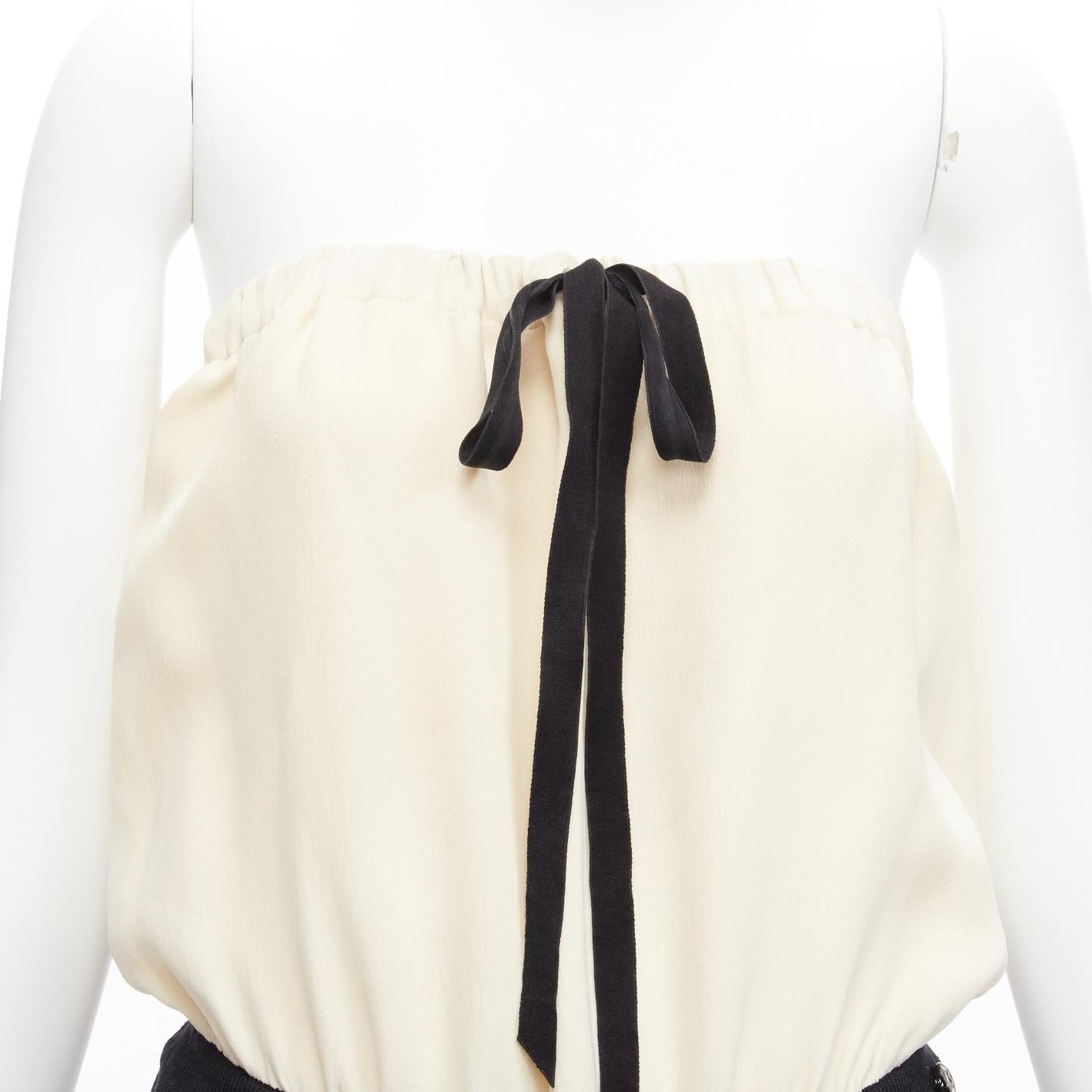 CHANEL CC resin button black beige linen strapless wide leg jumpsuit FR40 L 1