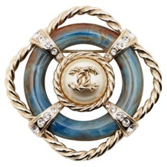 Chanel CC Resin Faux Pearl Crystal Gold Tone Brooch