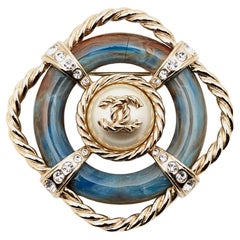 Chanel CC Resin Faux Pearl Crystal Gold Tone Brooch