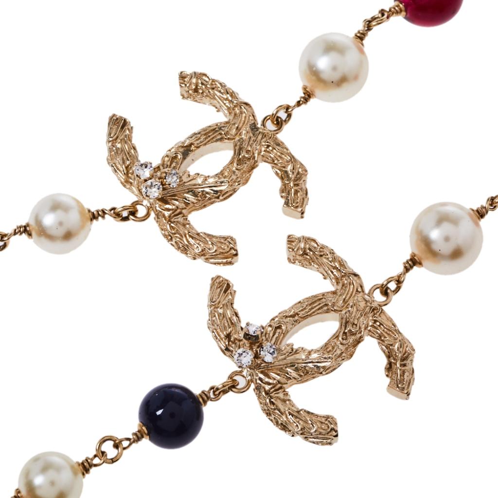 Contemporary Chanel CC Resin Faux Pearl Gold Tone Long Necklace