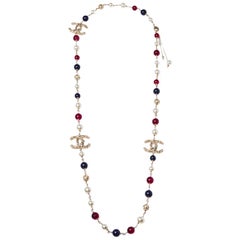 Chanel CC Resin Faux Pearl Gold Tone Long Necklace