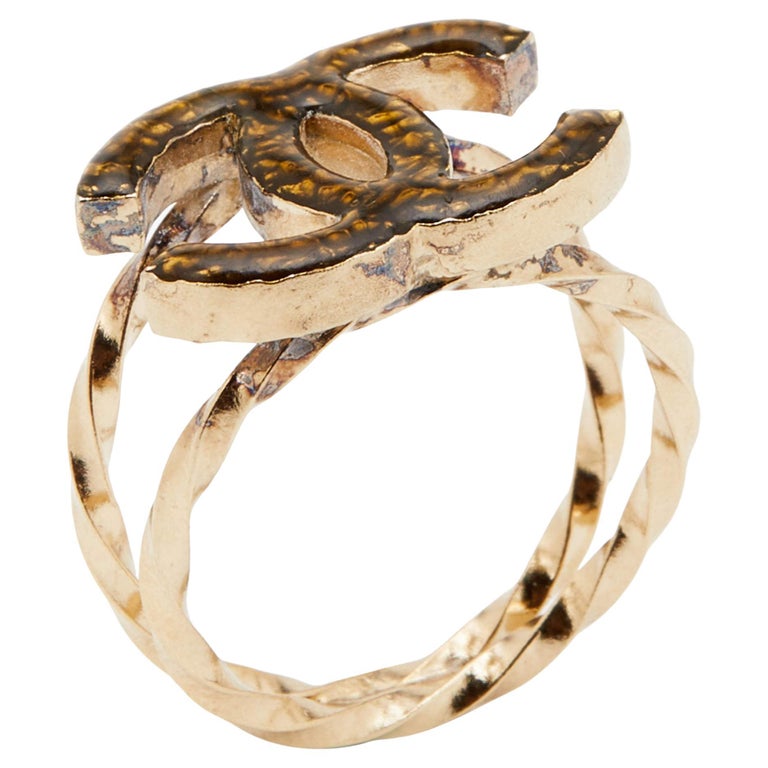 Chanel Crystal Aged Ruthenium Tone CC Logo Ring For Sale at 1stDibs