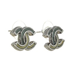 Chanel CC Resin Silver Tone Metal Stud Earrings