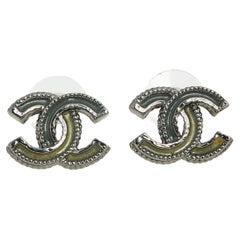 Chanel CC Resin Silver Tone Metal Stud Earrings