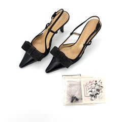 Chanel CC Retro Vintage Lagerfeld Bow Black Denim Slingback Pointed Toe Pumps 35