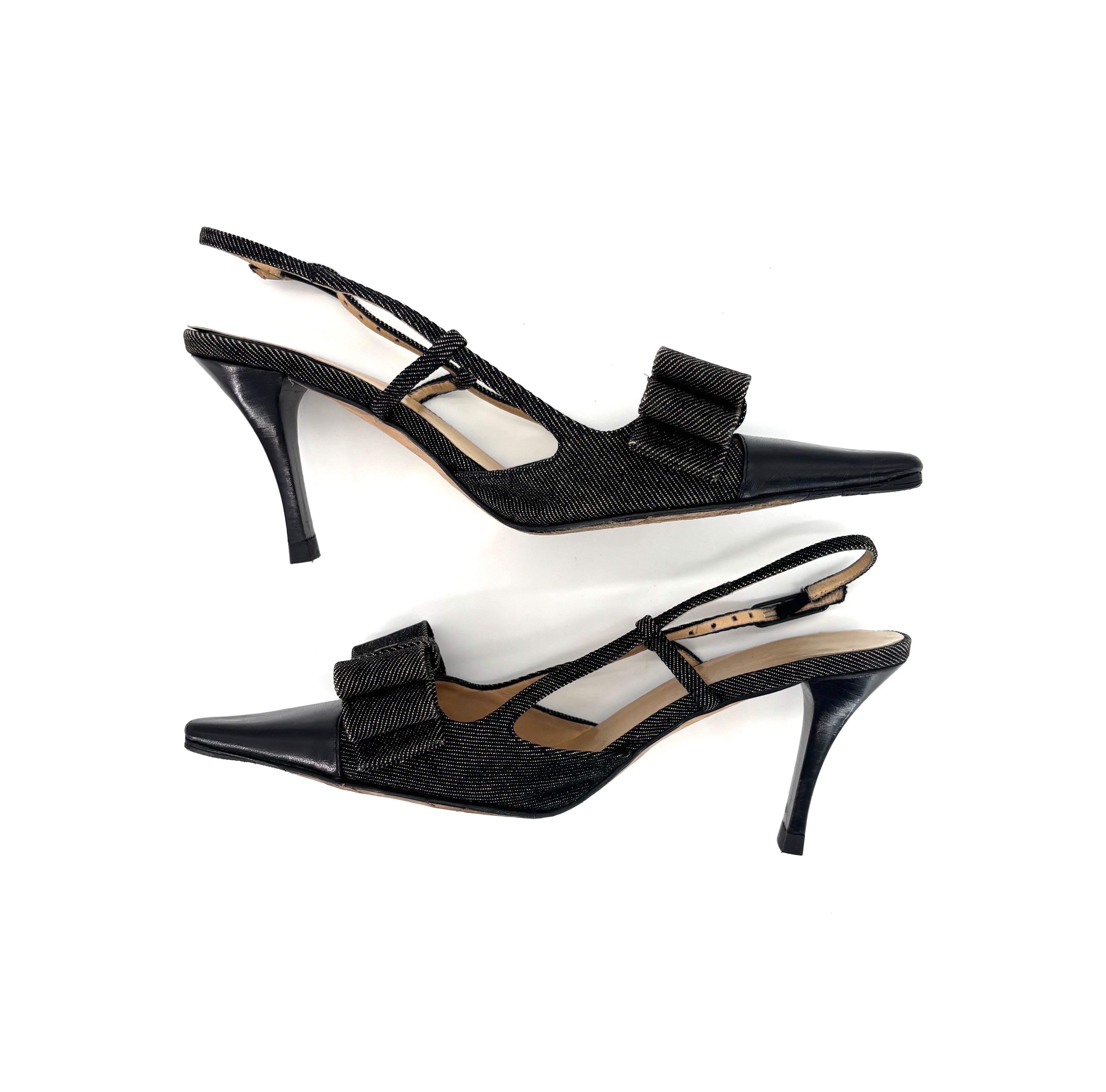 Chanel CC Retro Vintage Lagerfeld Bow Schwarz Denim Slingback Pointed Toe Pumps 35 im Angebot 2