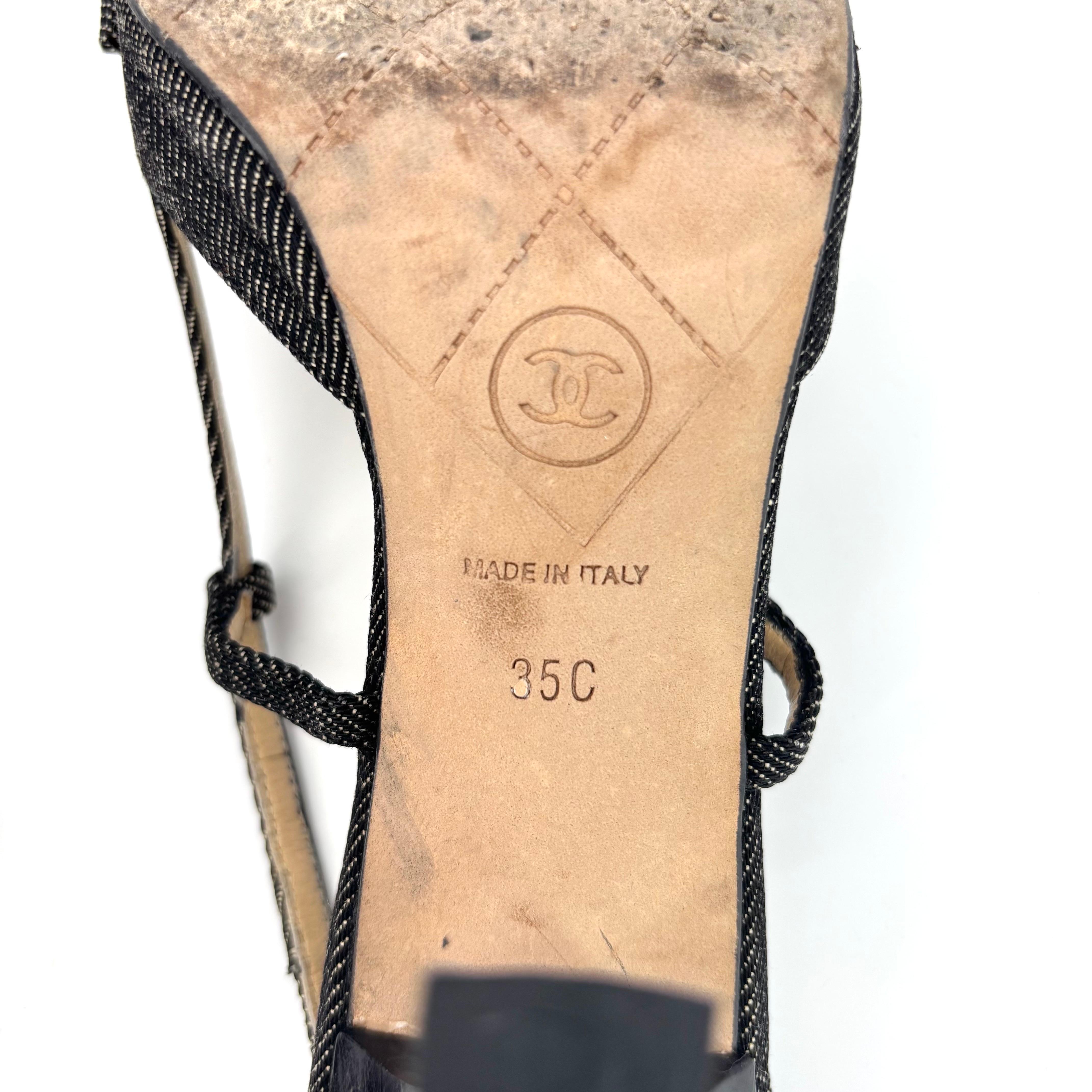 Chanel CC Retro Vintage Lagerfeld Bow Schwarz Denim Slingback Pointed Toe Pumps 35 im Angebot 4