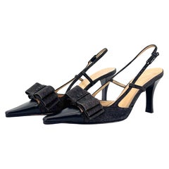 Chanel CC Retro Vintage Lagerfeld Bow Black Denim Slingback Pointed Toe Pumps 35