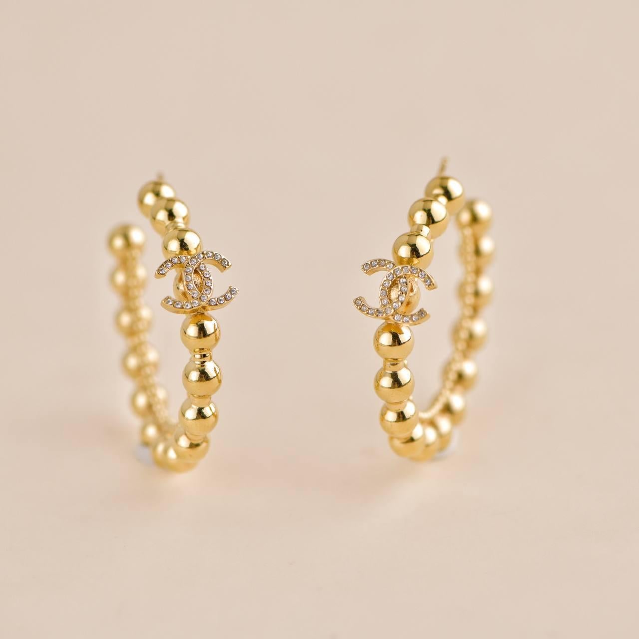 Chanel CC Rhinestone Beaded Hoop Earrings For Sale 2