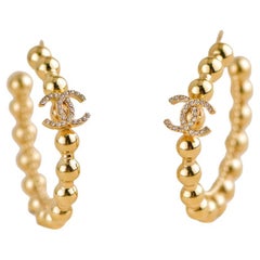 Chanel CC Rhinestone Beaded Hoop Earrings
