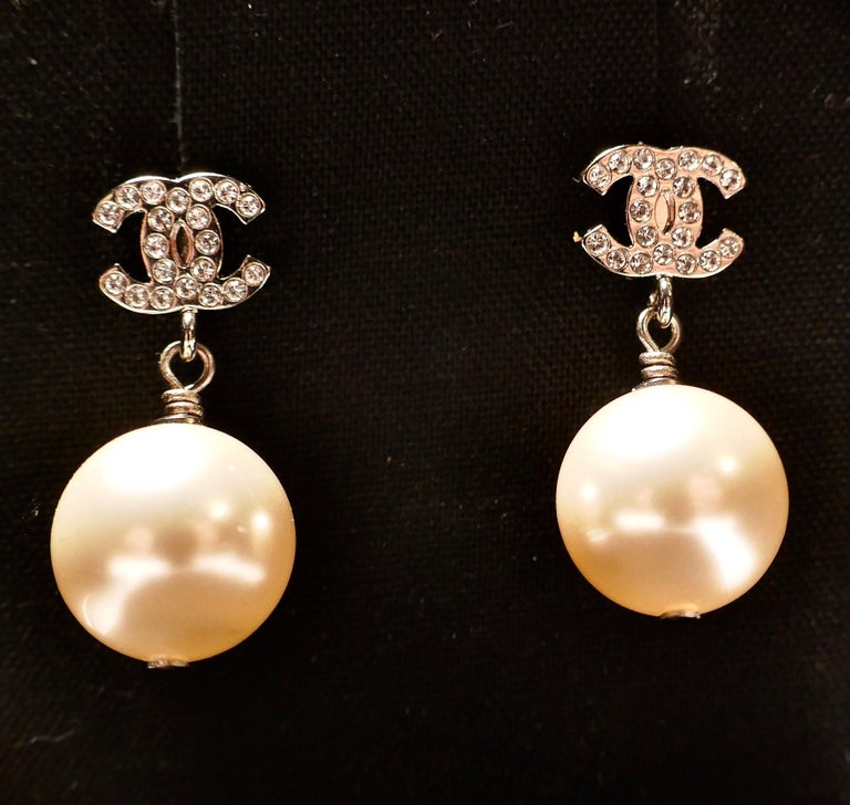 Chanel CC Rhinestone Crystal Earrings with Large Pearl Pendant Drop at ...