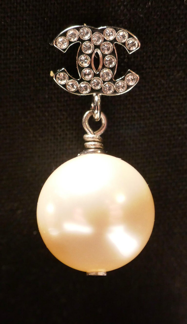 Chanel CC Rhinestone Crystal Earrings with Large Pearl Pendant Drop at