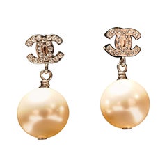 Chanel Silvertone Metal Faux Pearl Crystal CC Drop Earrings - Yoogi's Closet