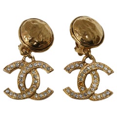 Chanel CC Rhinestone Dangle Clip-On Earrings