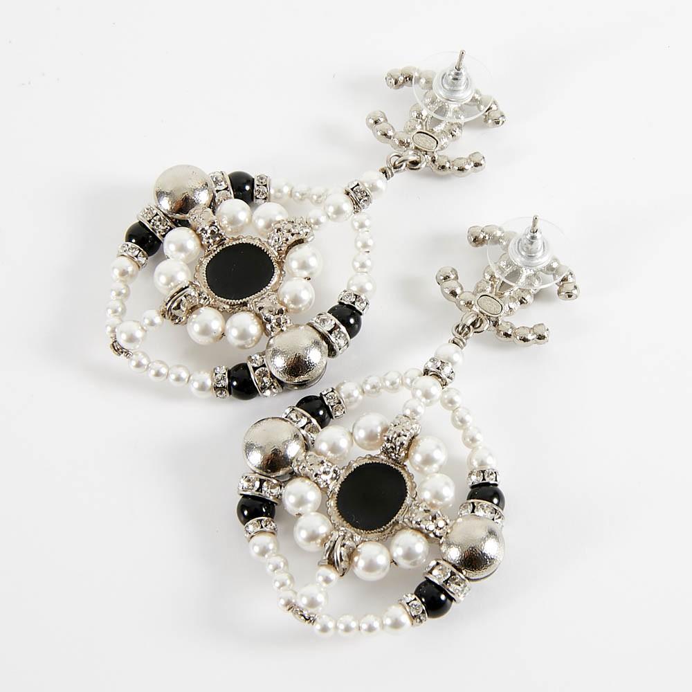 Chanel CC Rhinestones Imitation Pearls Pendant Earrings 1