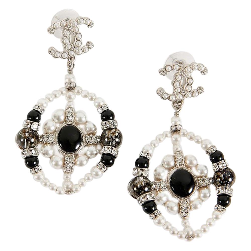 Chanel CC Rhinestones Imitation Pearls Pendant Earrings