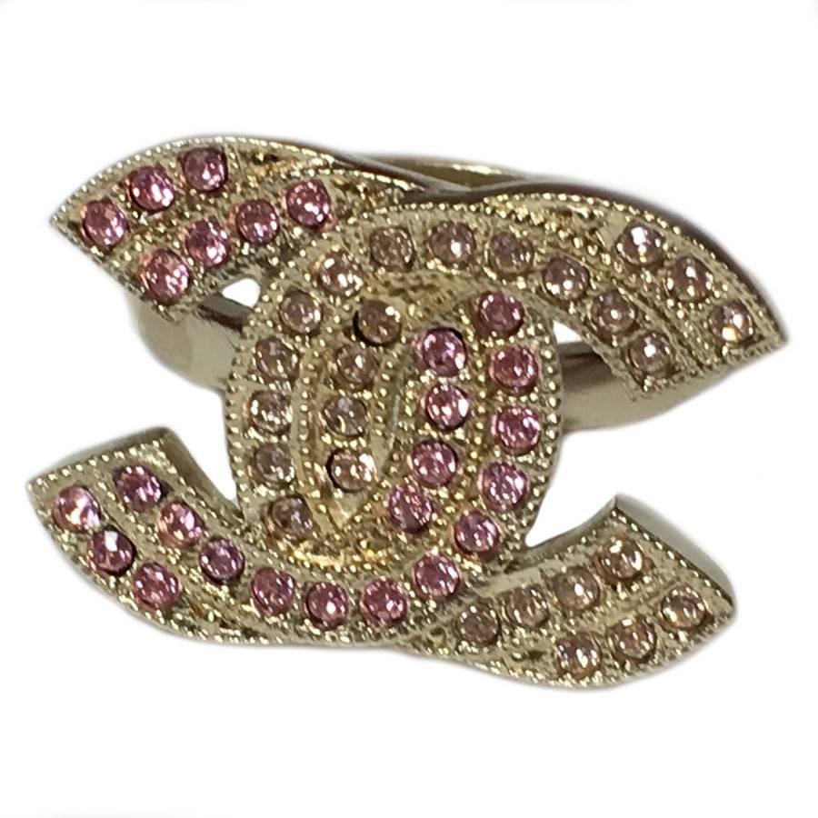 CHANEL CC Ring in Gilded Metal set with Rhinestones Size 52FR 1