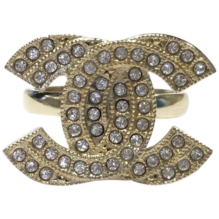 CHANEL CC Ring in Gilt Metal set with Swarovski Rhinestones Size 52 For
