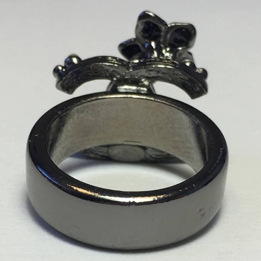CHANEL CC Ring in Ruthenium, Pearls, Brilliants and Black Enamel Size 54FR 2