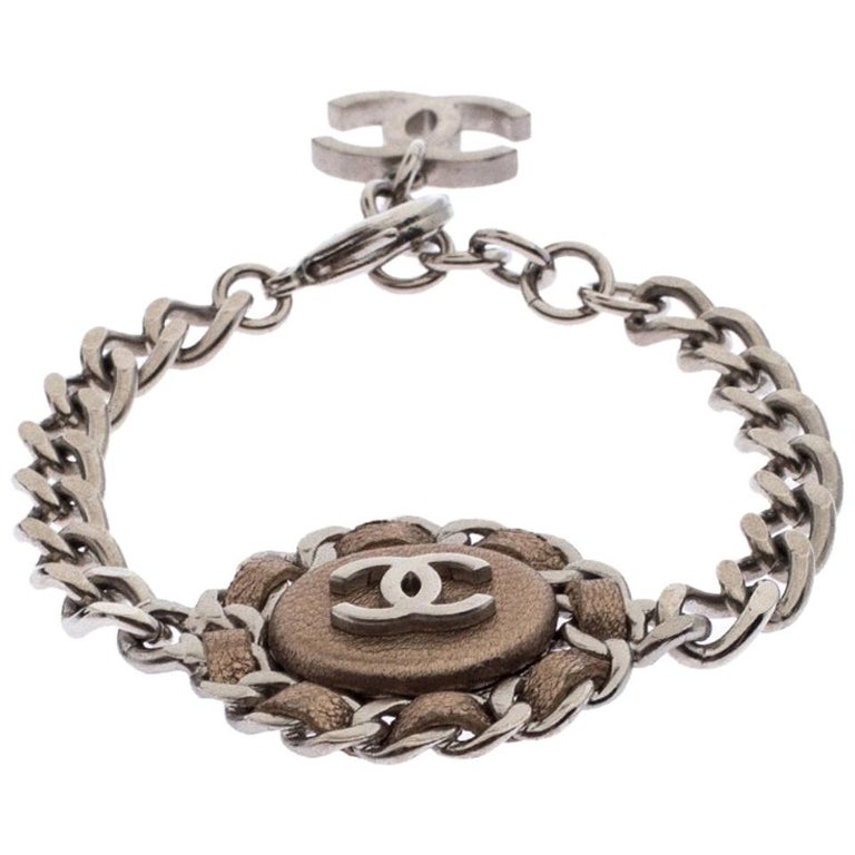 Chanel CC Rose Gold Interwoven Leather Gold Tone Chain Link Bracelet
