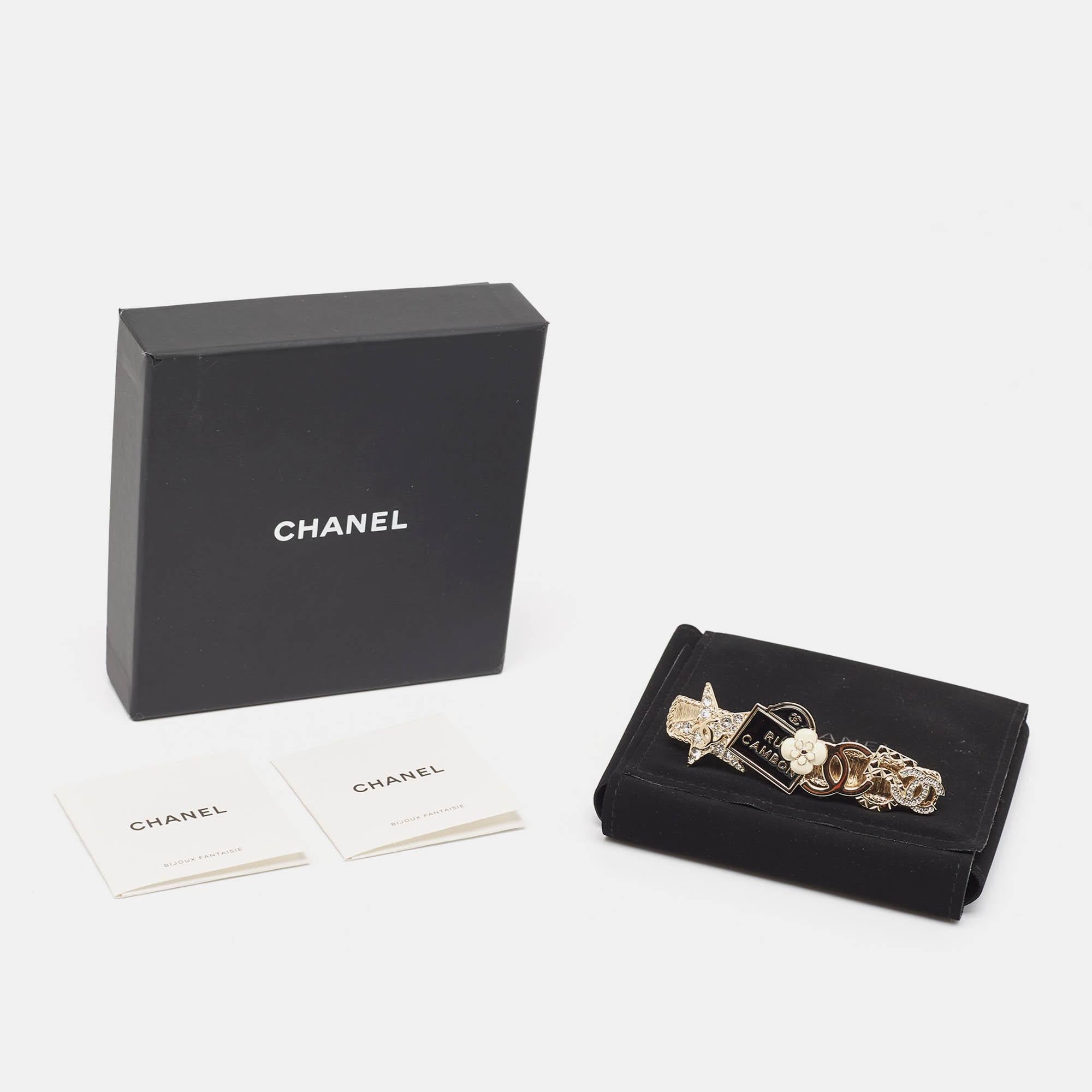 Women's Chanel CC Rue Cambon Crystals Enamel Gold Tone Hairclip For Sale
