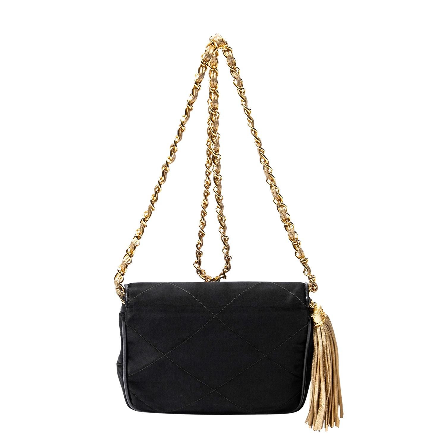 Chanel CC Satin Black Envelope Tassel Bag In Good Condition For Sale In Atlanta, GA