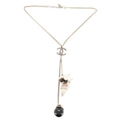Vintage Chanel CC Seashell Drop Necklace Metal with Pearl and Resin Gold