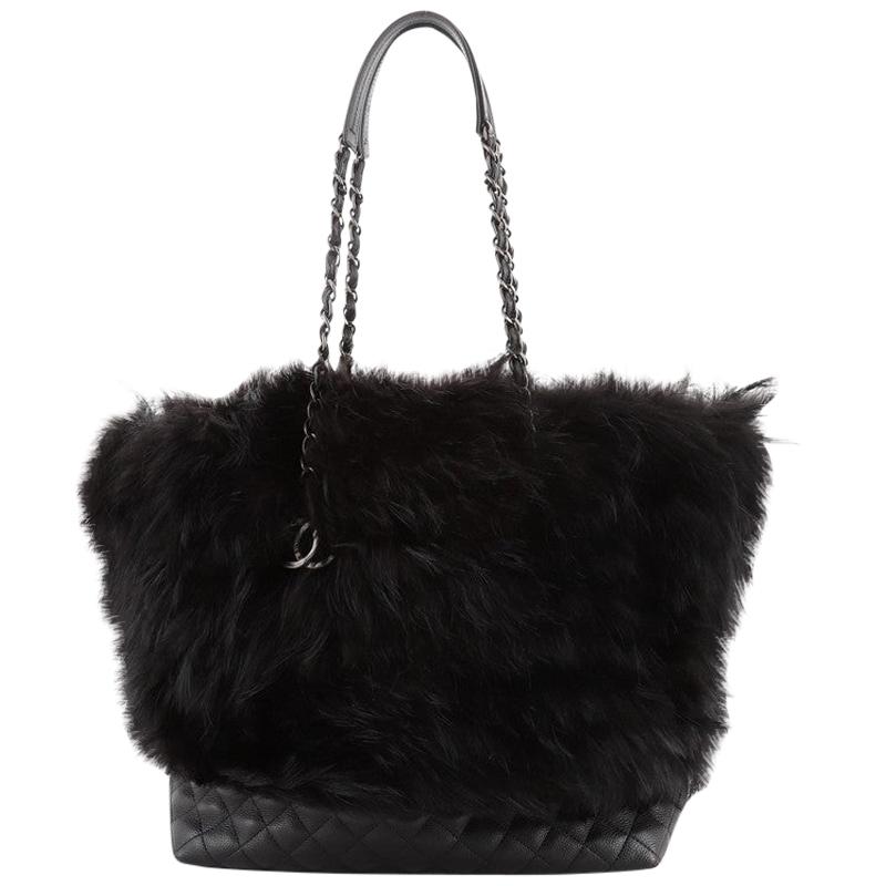 Chanel CC Shopping Tote Fox Fur with Quilted Caviar Large