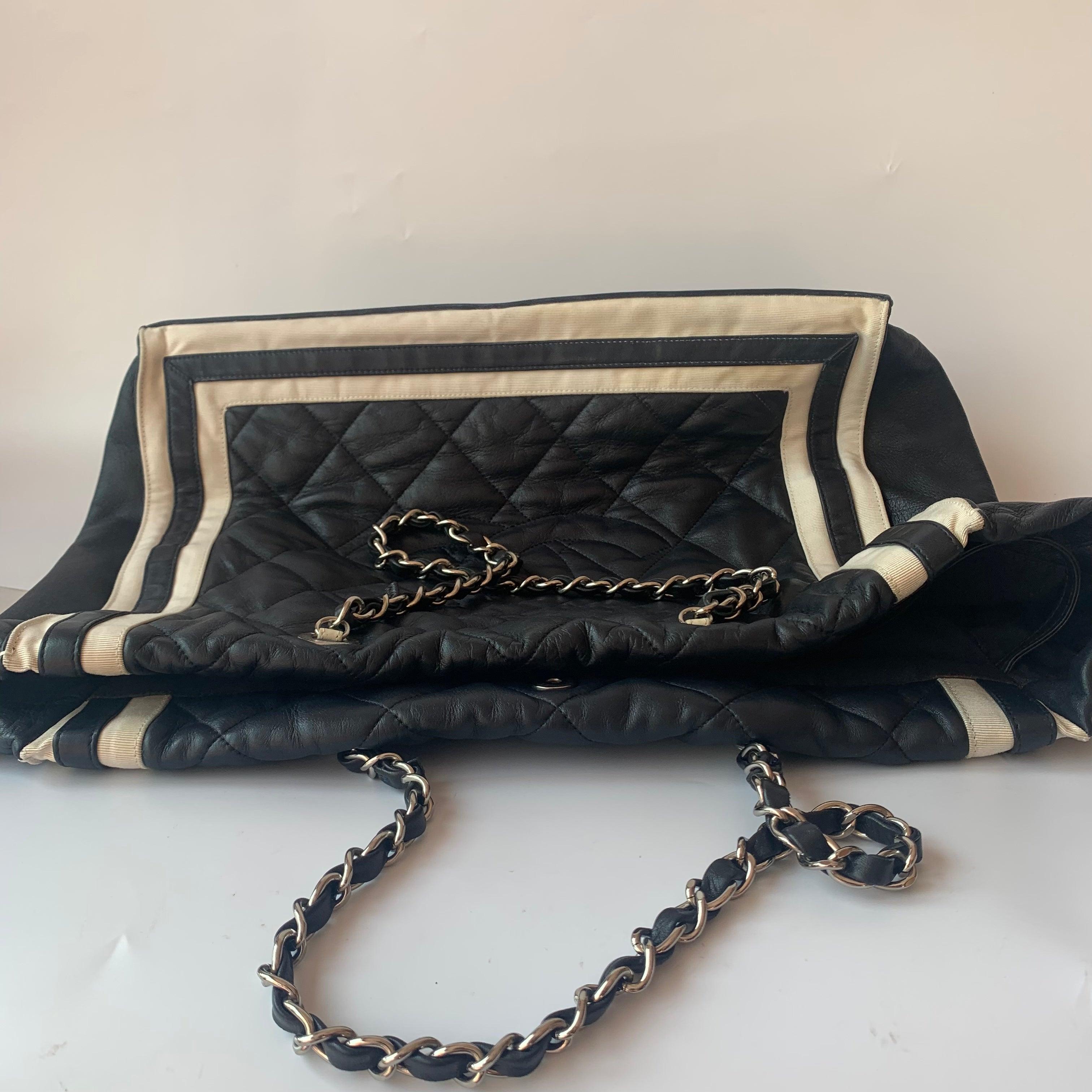 Chanel CC Shopping Tote Medium Cannage Lambskin Leather Navy with White Stripes 1