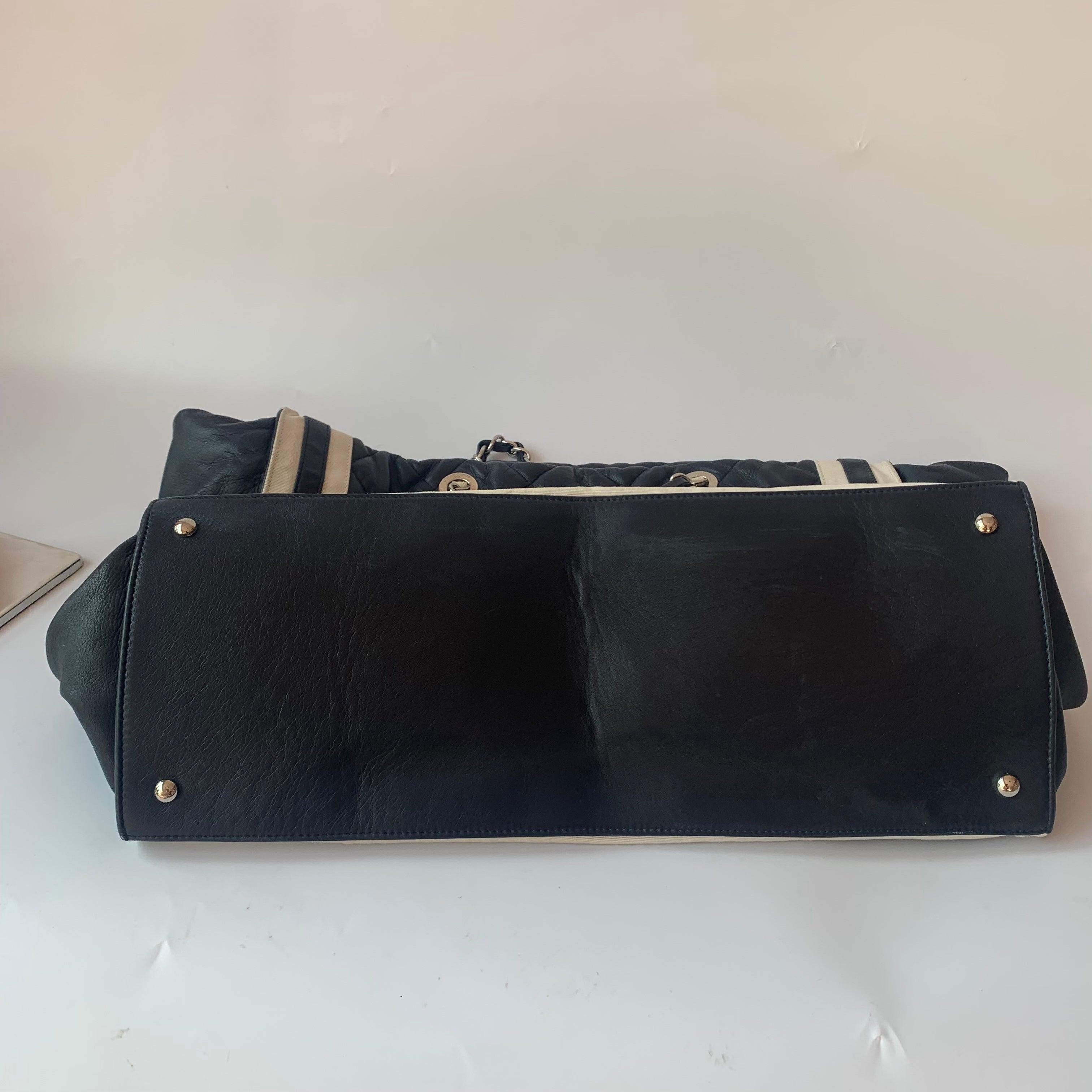 Chanel CC Shopping Tote Medium Cannage Lambskin Leather Navy with White Stripes 4