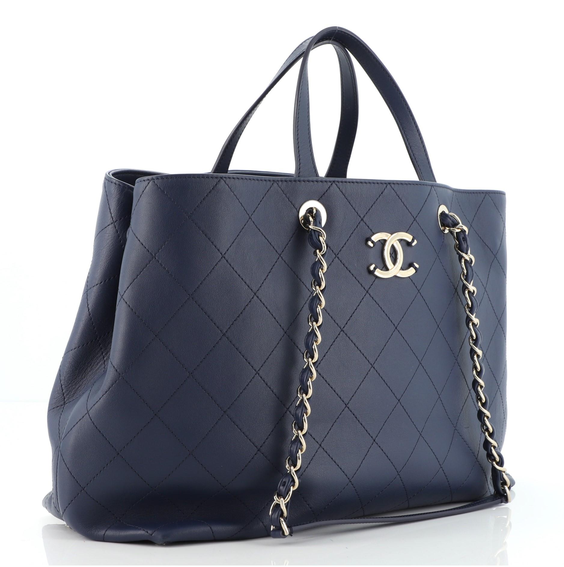Black Chanel CC Shopping Tote Stitched Calfskin Large