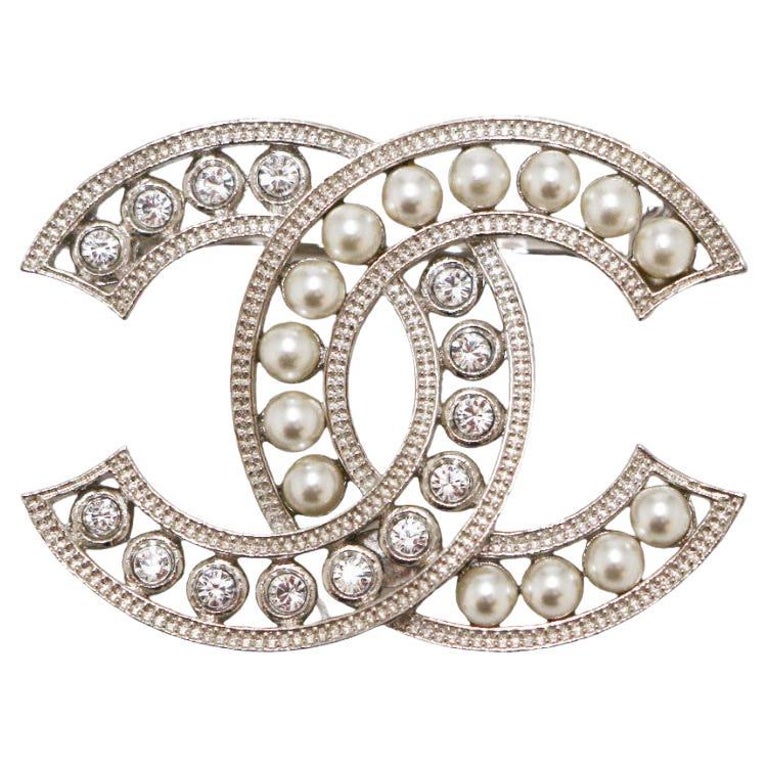 Chanel Clear & Gold Acetate Rhinestone Interlocking CC Pearl Floral Brooch