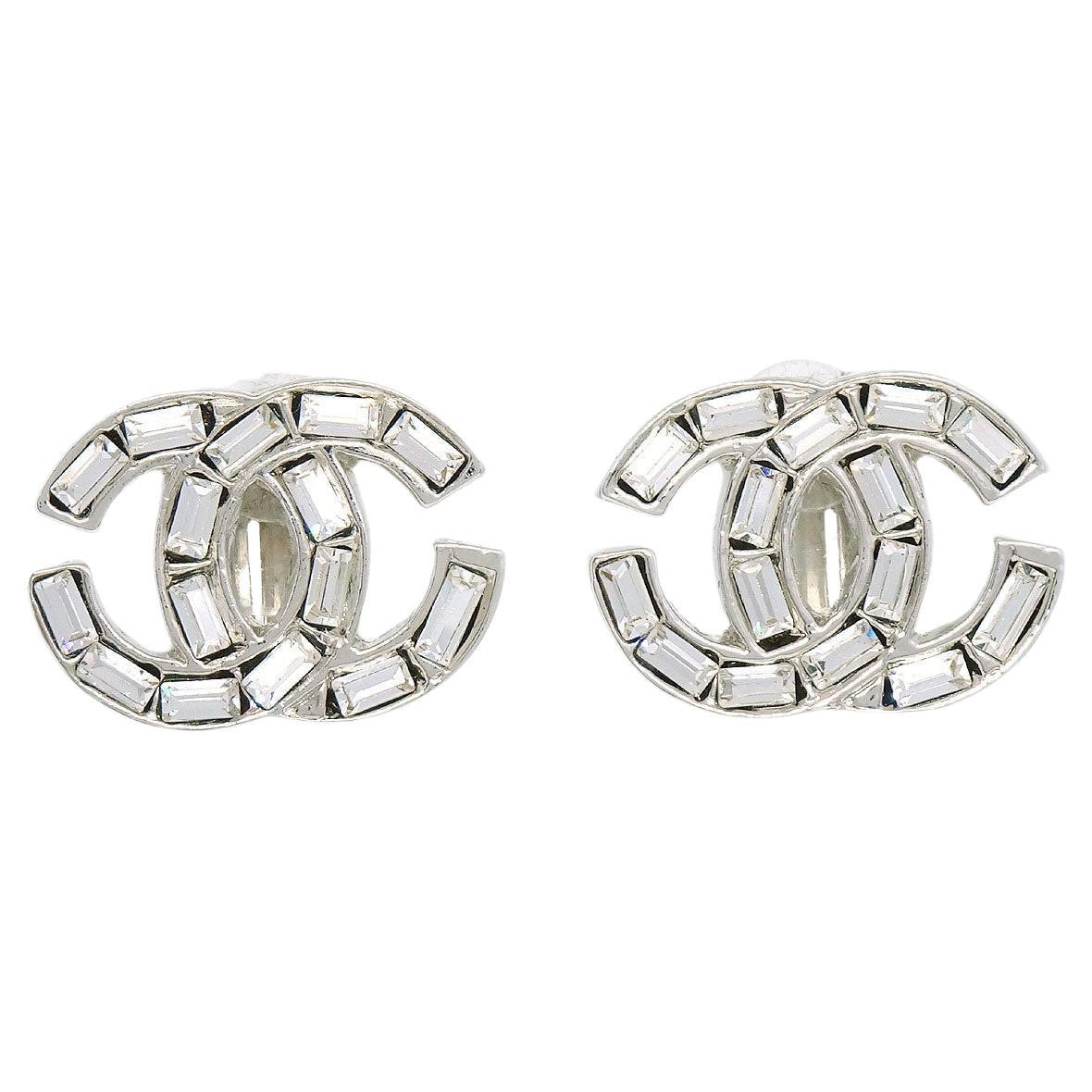 CHANEL CC Silver Metal Rhinestone Clip On Evening Stud Earrings