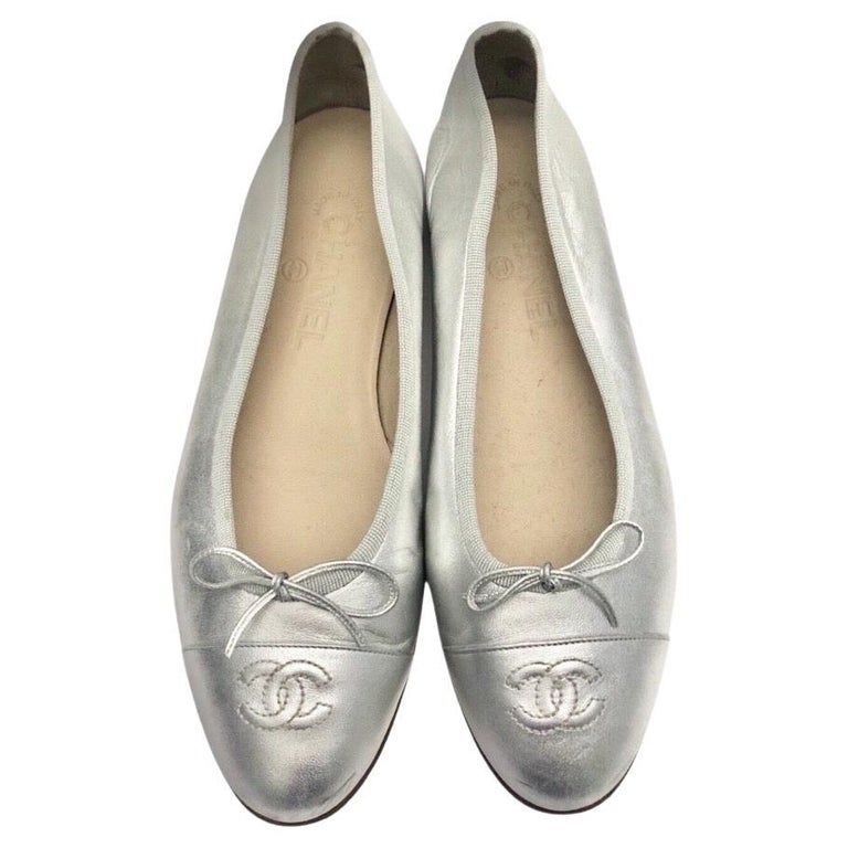 Chanel "CC" Silver Metallic Ballerina Flats  For Sale