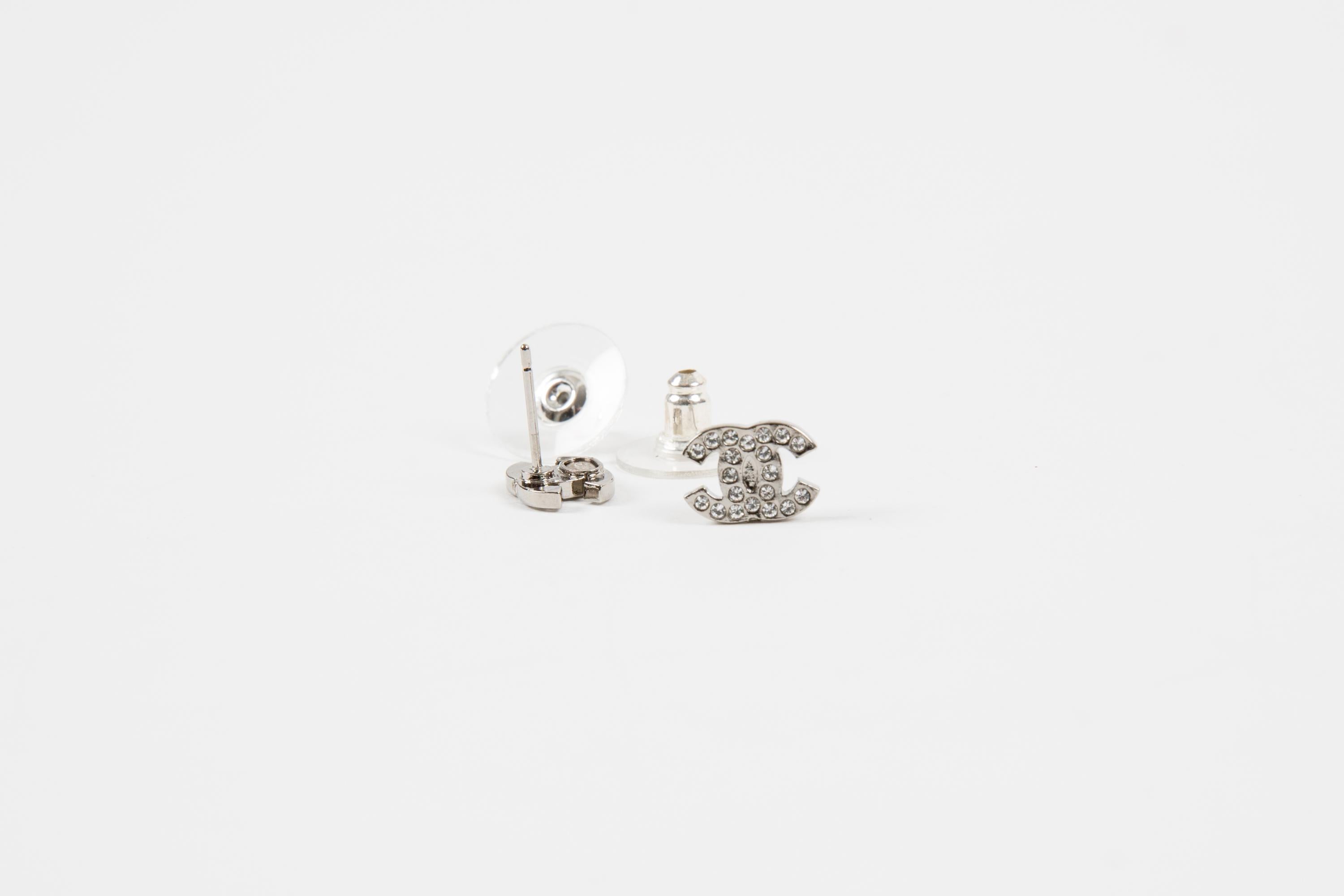 Women's Chanel CC Silver Tone Strass Mini Size Earrings For Sale