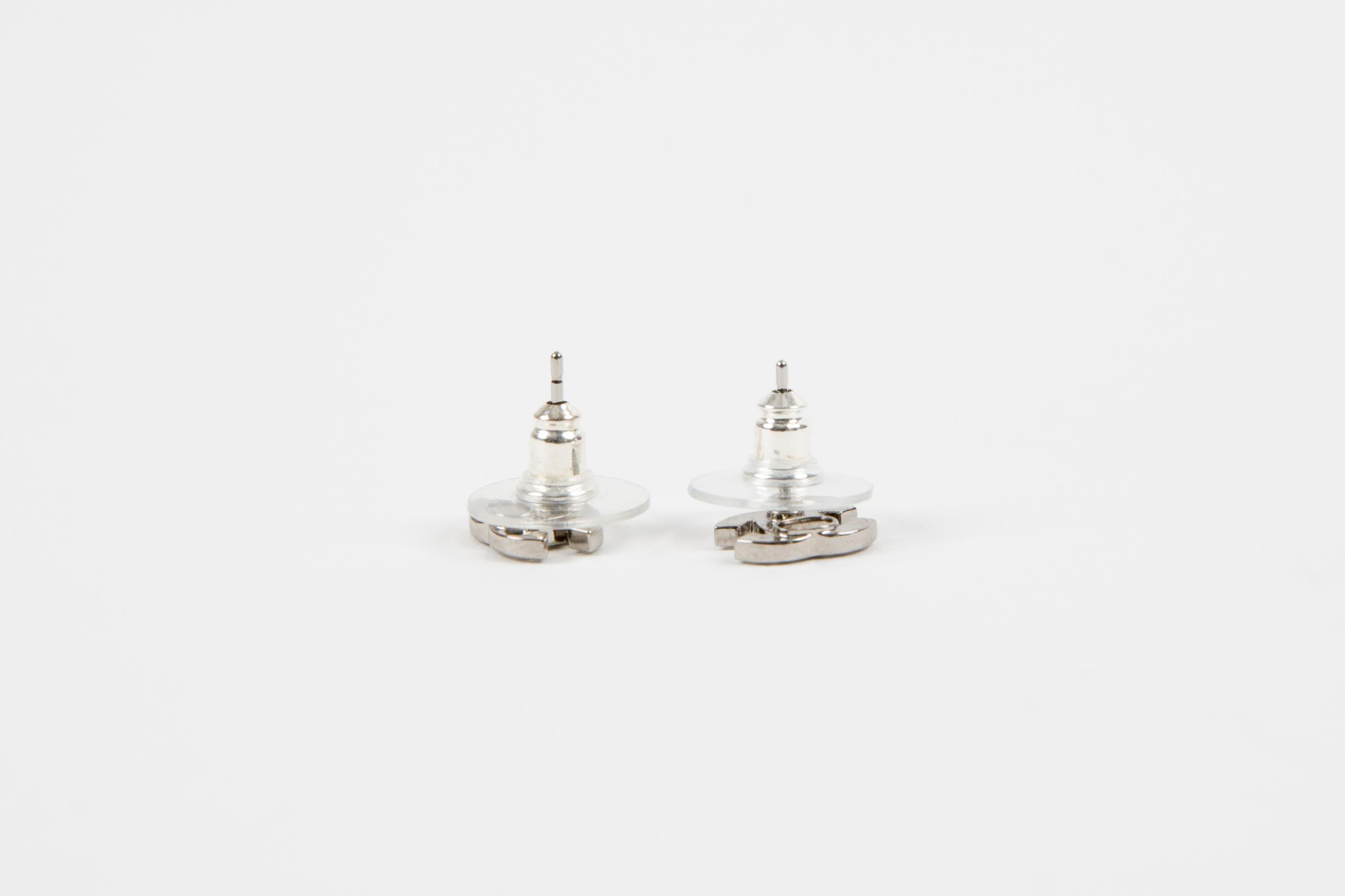 Chanel CC Silver Tone Strass Mini Size Earrings For Sale 2