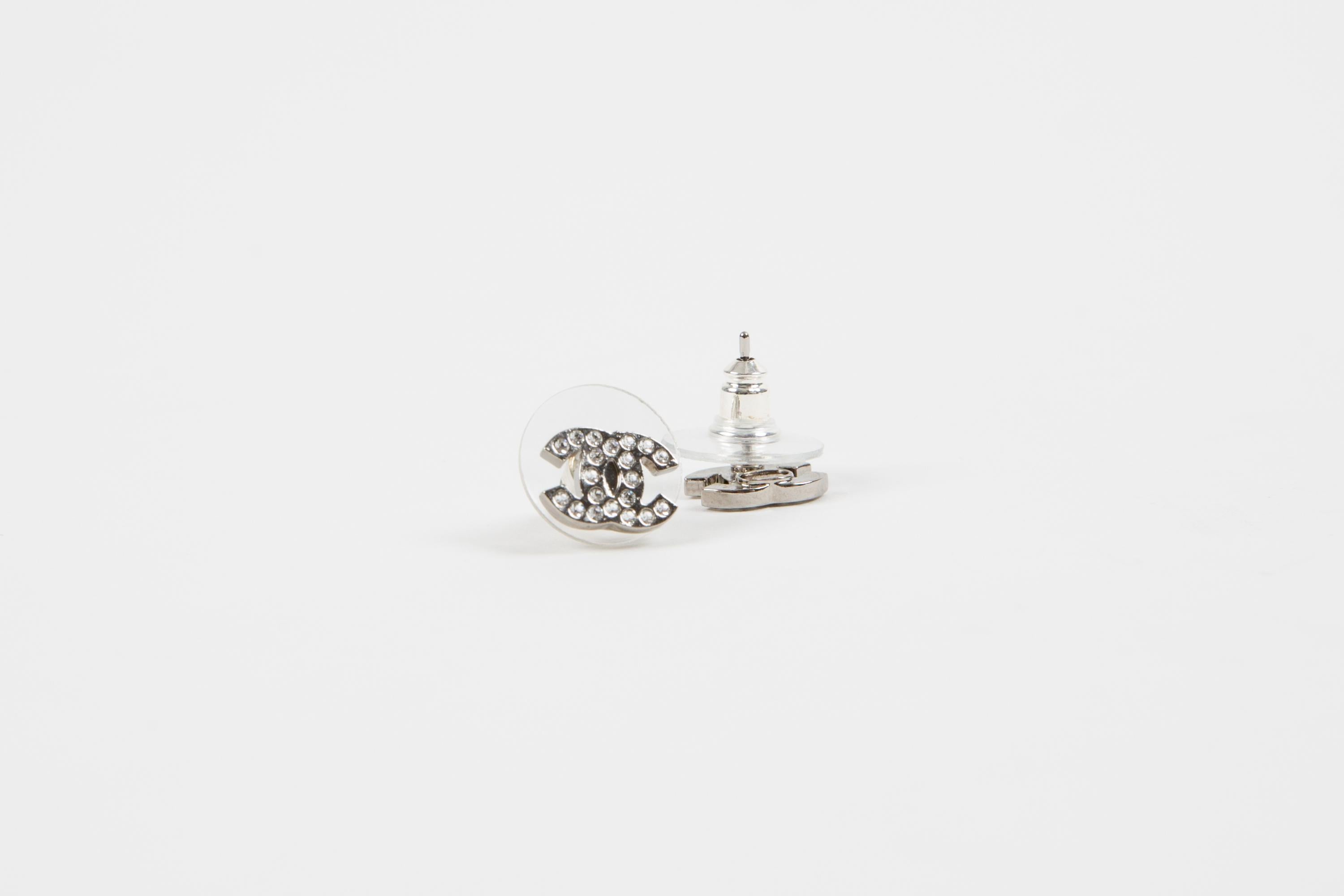 Chanel CC Silver Tone Strass Mini Size Earrings For Sale 3