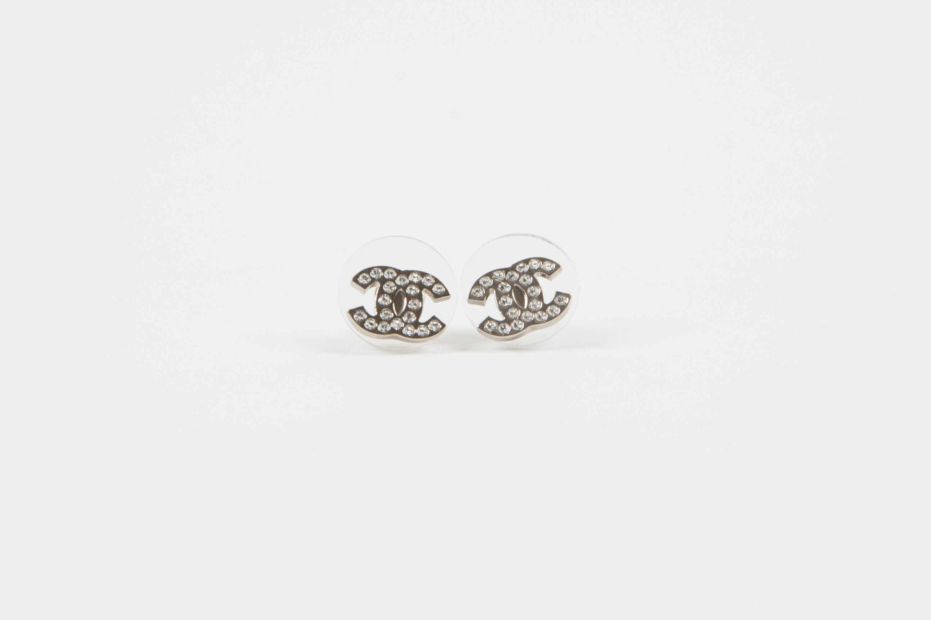 Chanel CC Silver Tone Strass Mini Size Earrings For Sale 4