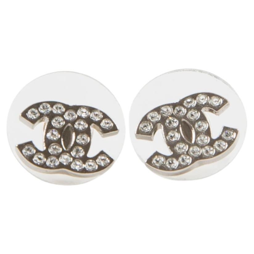 Chanel CC Silver Tone Strass Mini Size Earrings For Sale