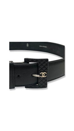 Chanel CC Silver Toned Hardware Black Lambskin Quilted Buckle Belt For Sale  at 1stDibs