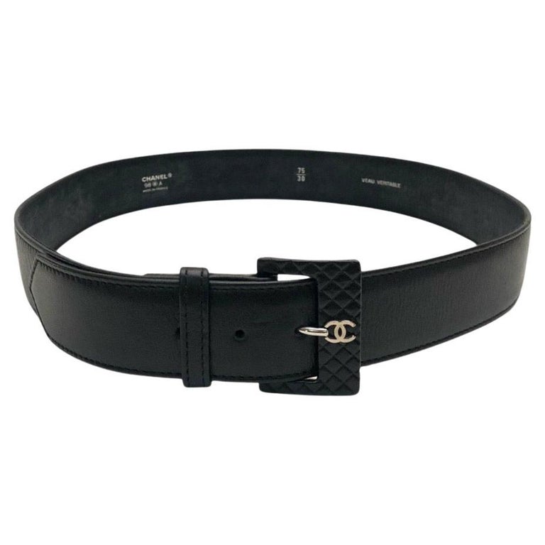 Chanel CC Silver Toned Hardware Black Lambskin Quilted Buckle Belt For Sale