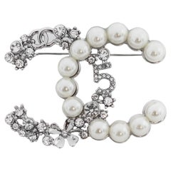Chanel CC Silvertone Crystal Pearl Charm Brooch Pin
