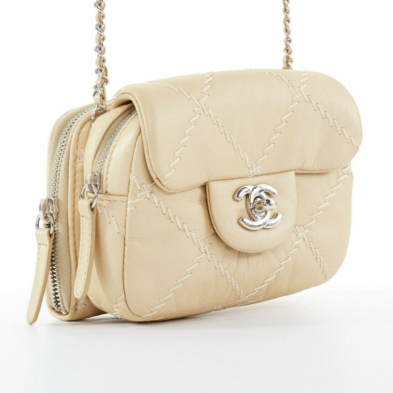 CHANEL CC small champagne gold quilted leather flap dual pouch